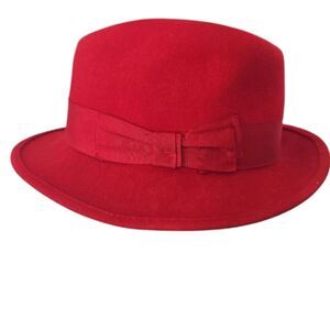 Vintage Style 100% Felted Wool Red Fedora Hat with Bow Bold Statement Piece